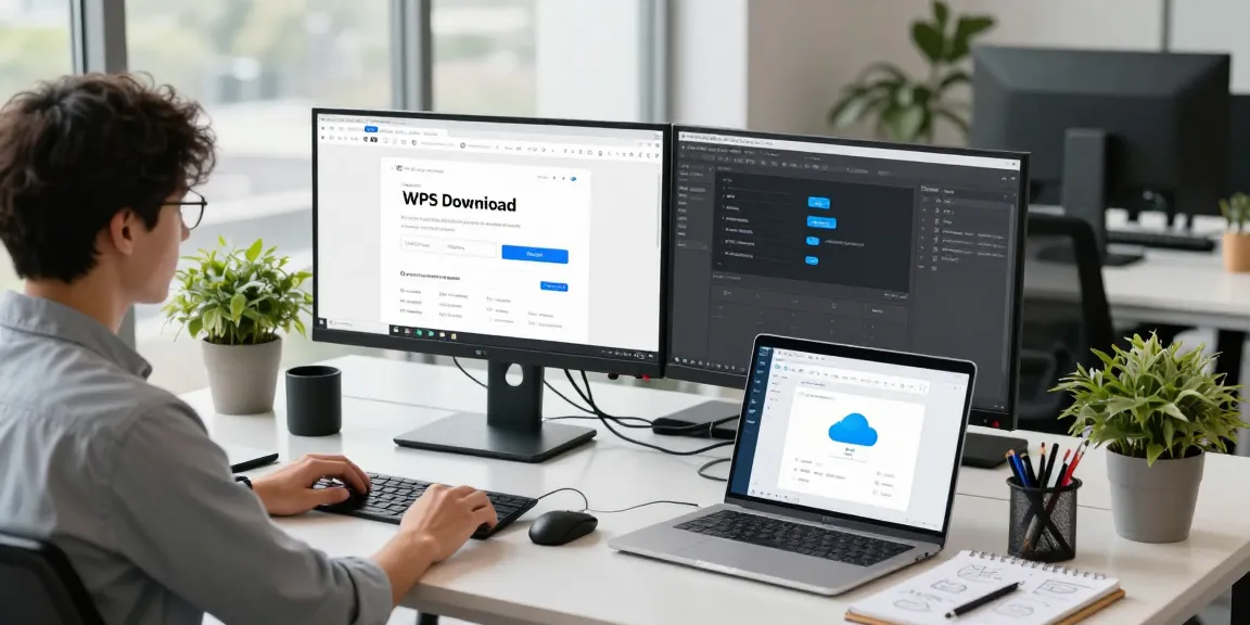 WPS Download interface on dual monitors in a modern tech workspace, showcasing productivity tools and creative workspace elements.