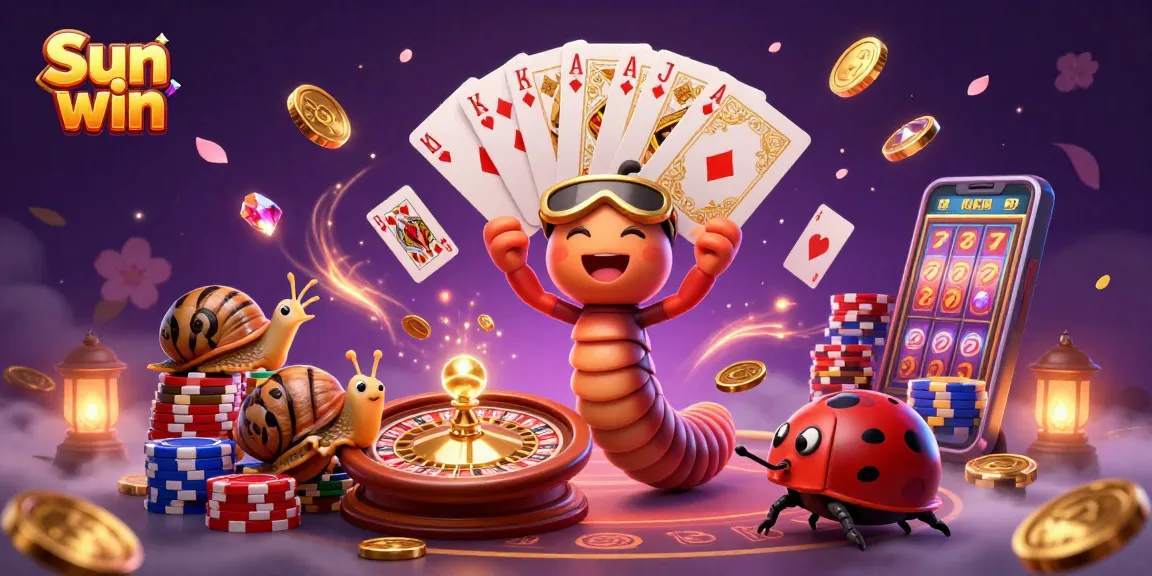 Engage in thrilling gaming at Sun win with an exciting dealer and high-rolling snail amidst vibrant casino elements.