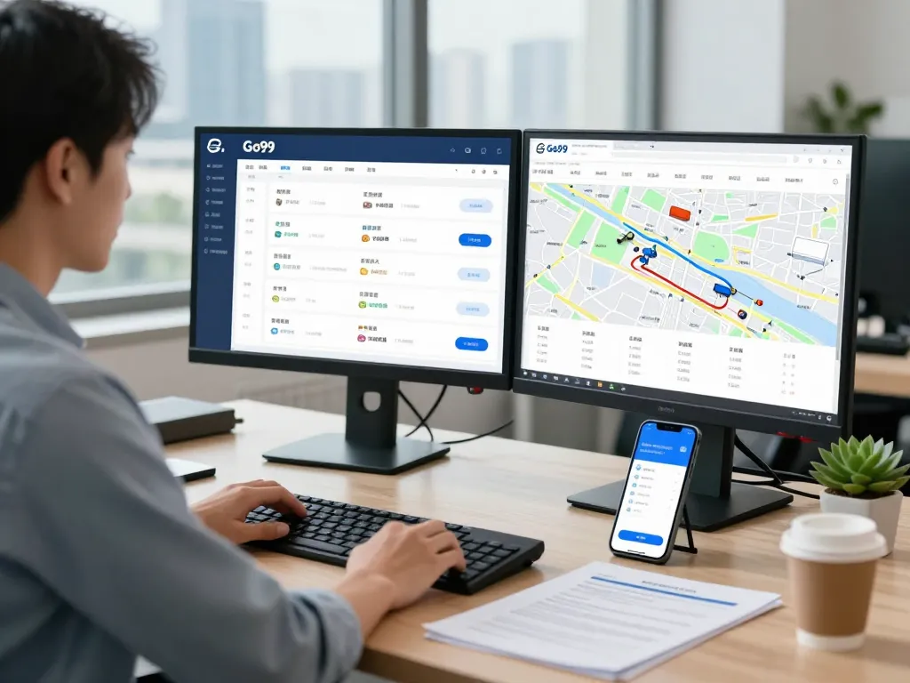 Logistics professional using Go99 app in a modern office setup.