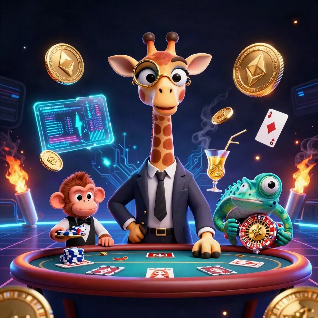 Giraffa elegante, scimmia e camaleonte tra monete crypto e luci neon su tavolo VIP