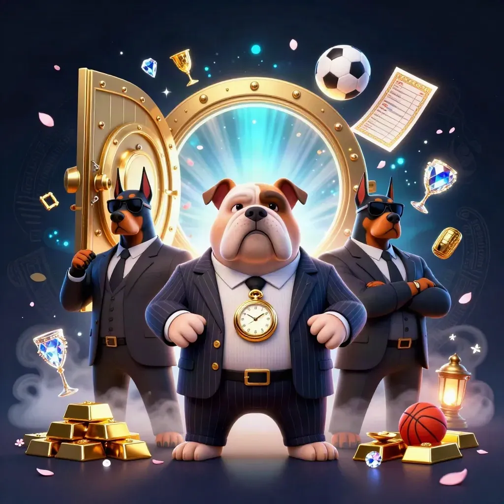 Bulldog mafioso cartoon con due dobermann, forziere d’oro aperto, pallone e basket in scena luminosa