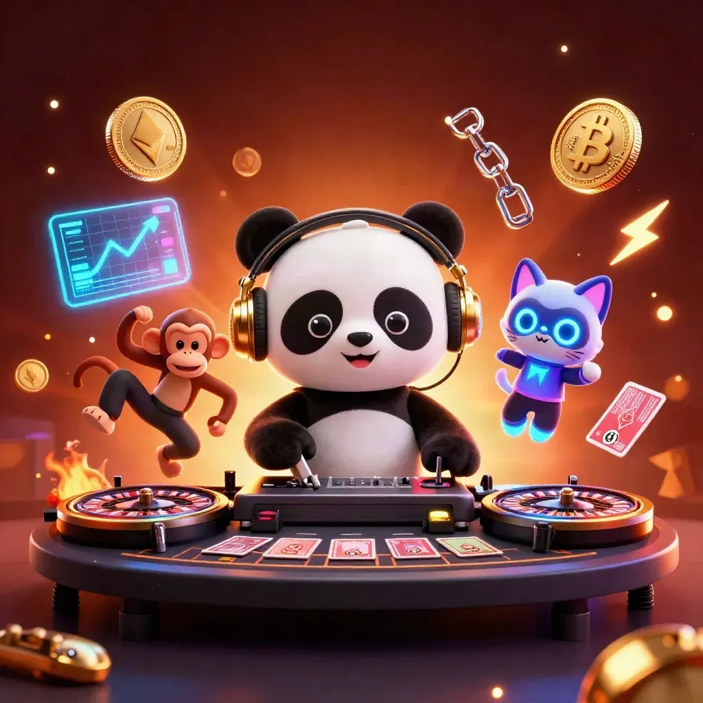 Panda DJ, scimmia breakdance e gattino rave tra monete cripto, ruota roulette e bagliori caldi.