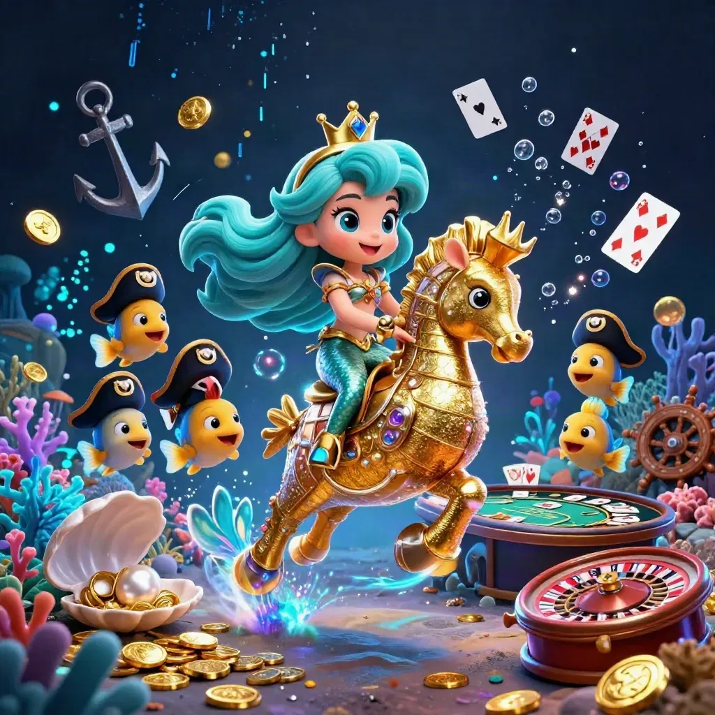 Sirena cartoon con cavalluccio marino d’oro, pesci pirata e tavolo da casinò subacqueo