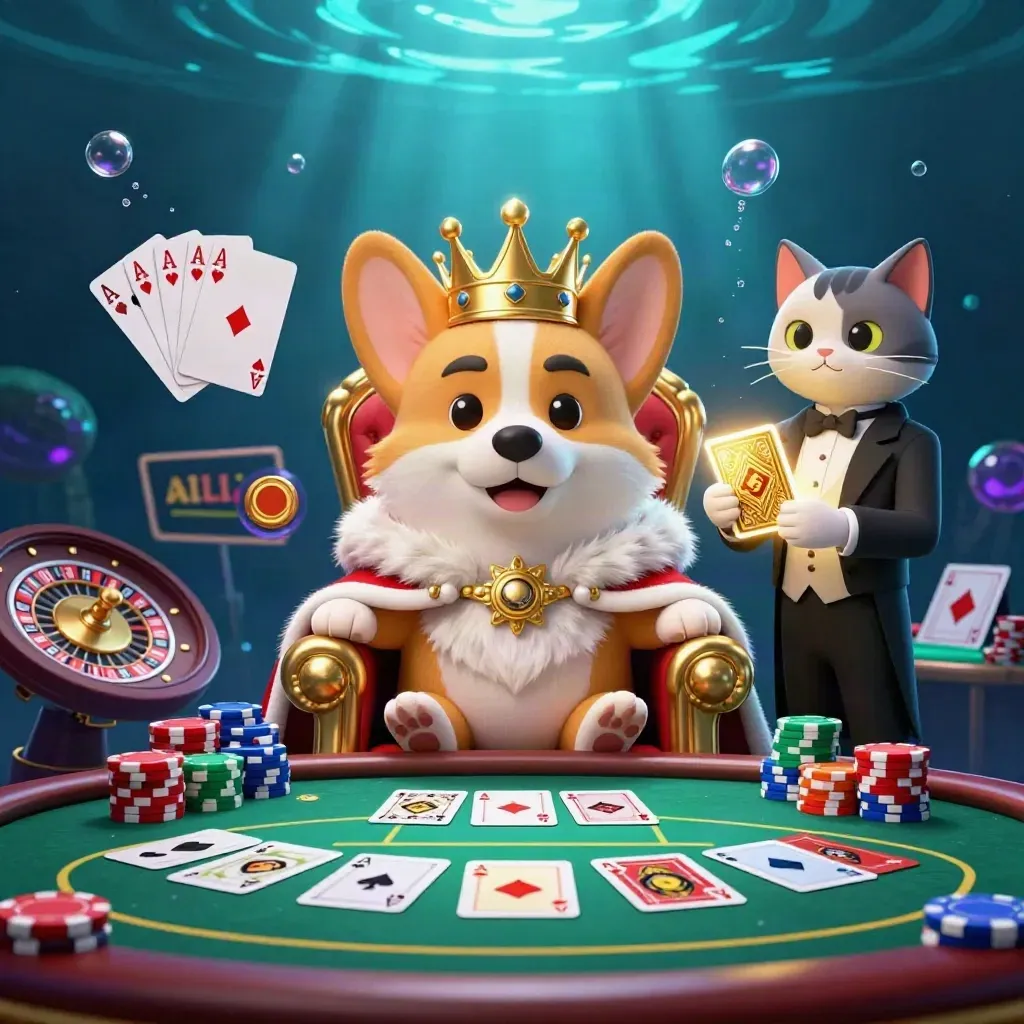 Corgi reale e gatto maggiordomo tra fiches, luci subacquee blu e oro, atmosfera casino premium