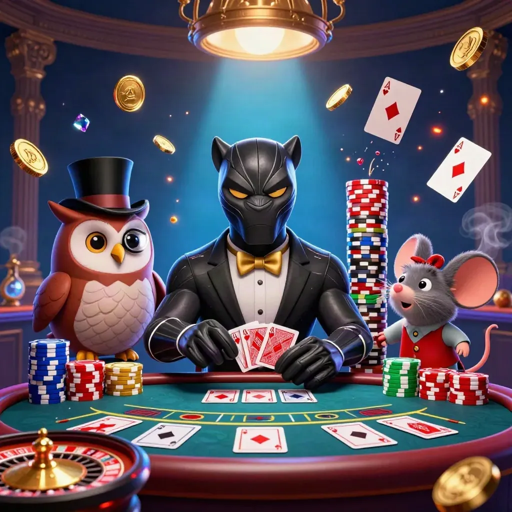 Pantera, gufo e topo in un casinò con fiches, monete e ruota luminosa.