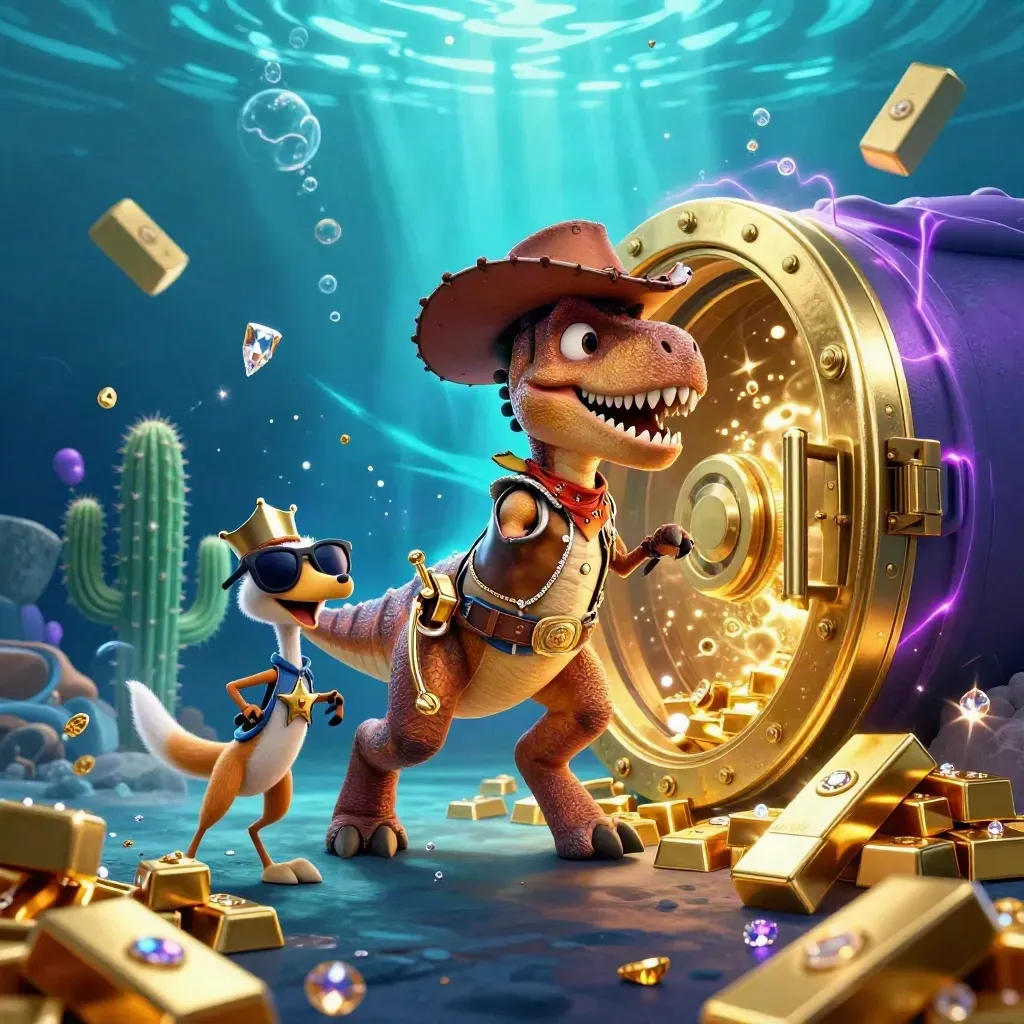 T-Rex cowboy, cactus e roadrunner davanti a un forziere d’oro in un abisso blu neon.