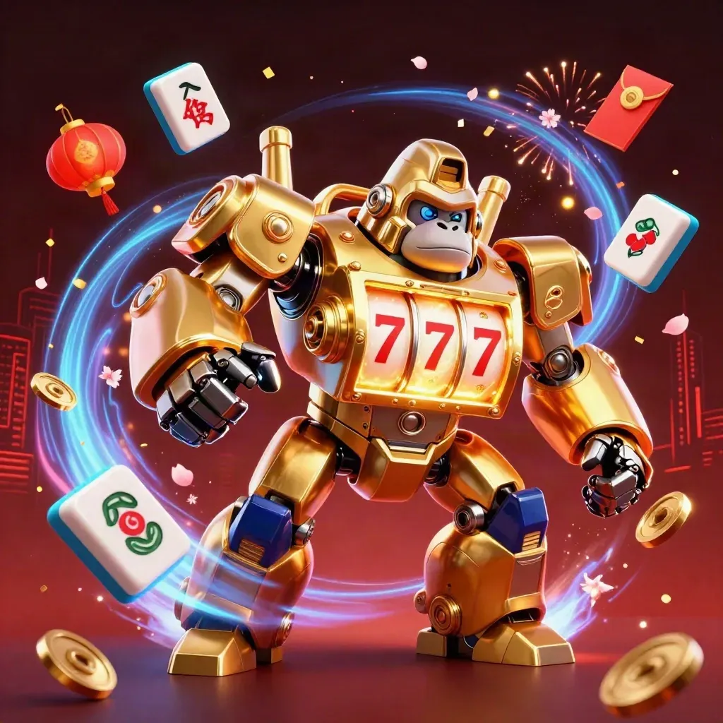 Gorilla mech dorato con scimmia pilota, tessere e monete in luce neon blu e ciano.