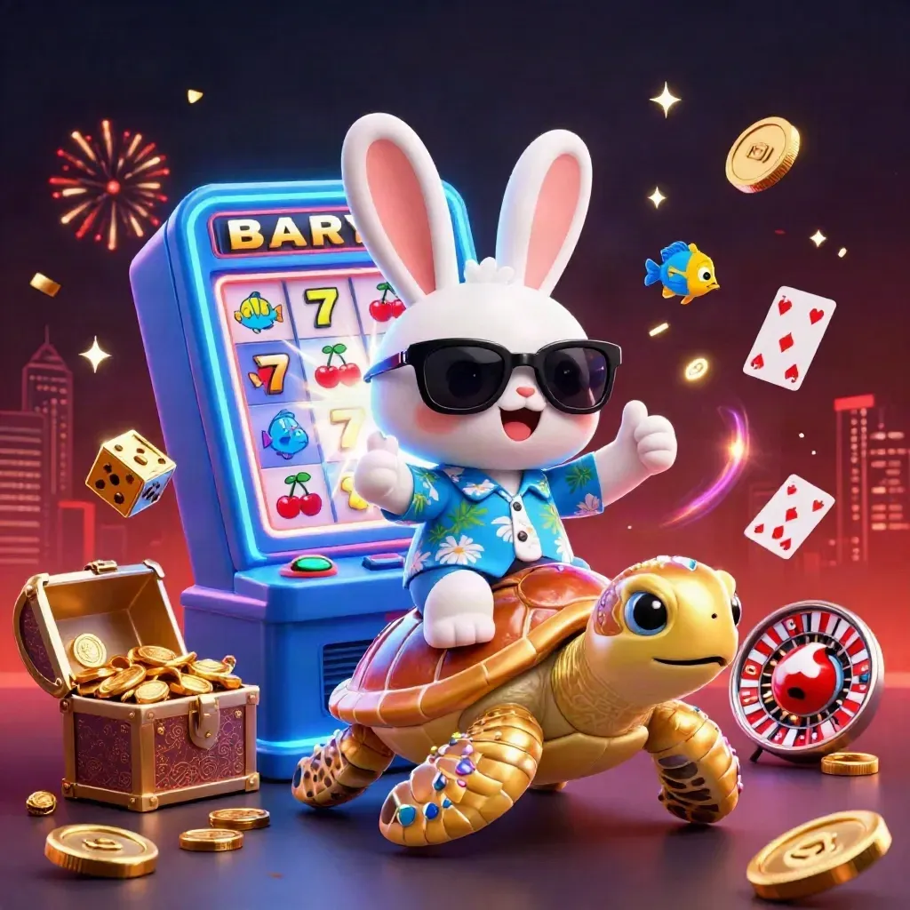 Coniglio 3D su tartaruga d’oro tra slot, monete, fuochi e confetti