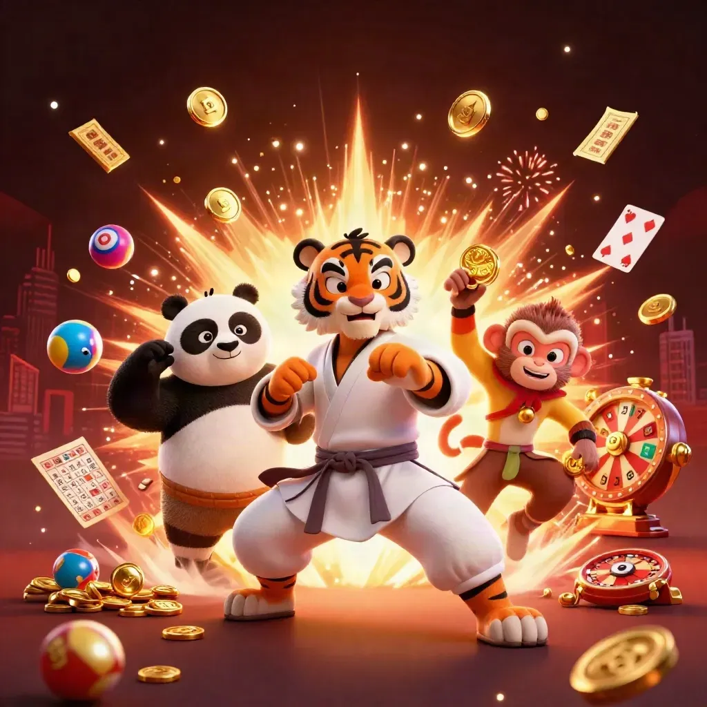 Tigre kung-fu, panda e scimmia tra monete, dadi e premi in una scena da casinò