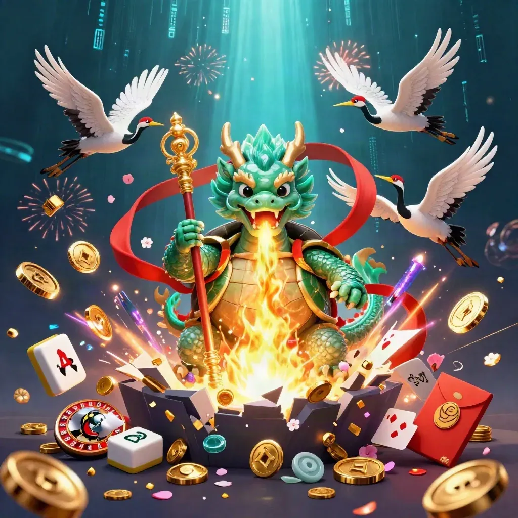 Drago giada, tartaruga saggia e gru tra monete, fuochi e luci neon su fondo blu profondo.