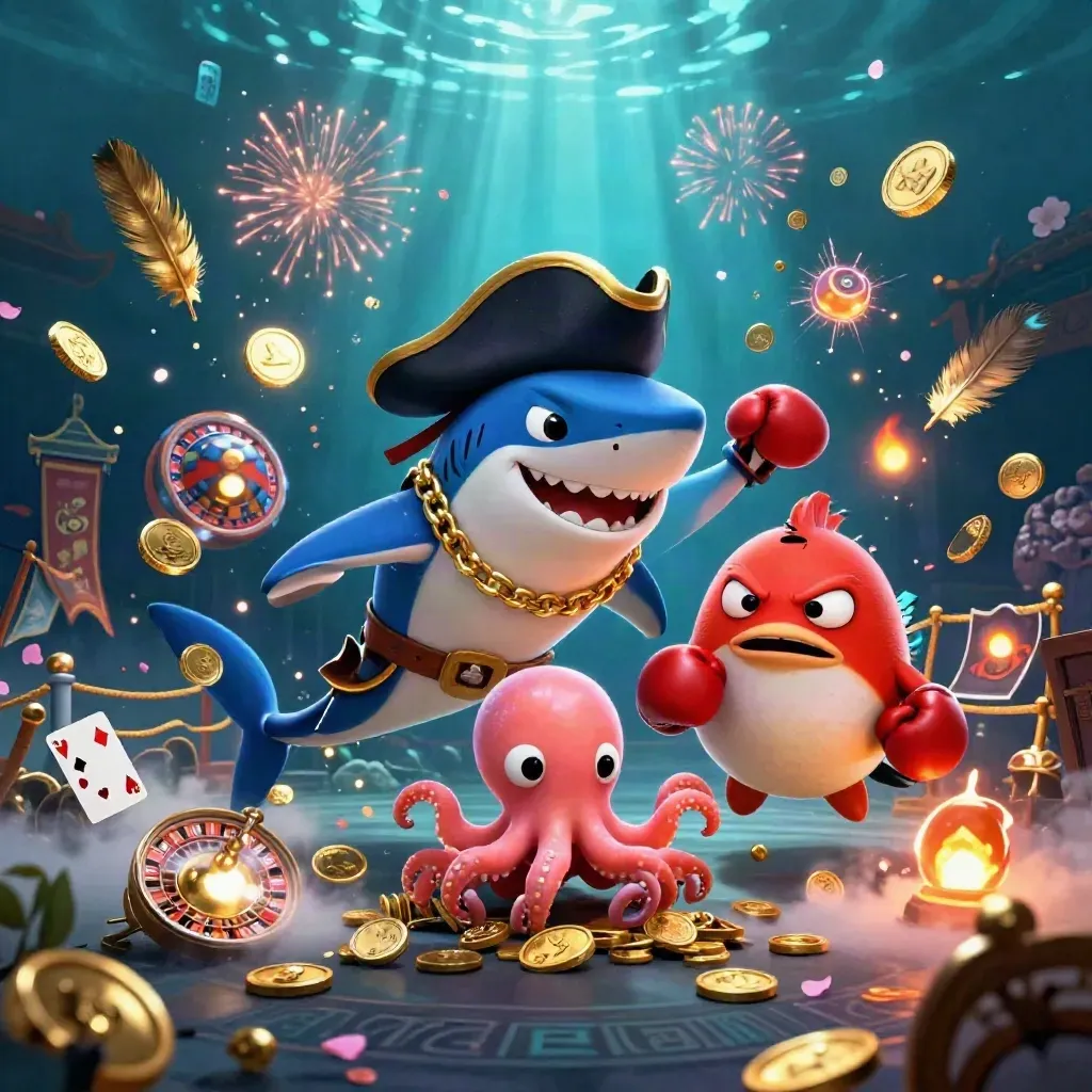 Squalo pirata, pesce palla e polpo tra monete d’oro, tempio e luci subacquee