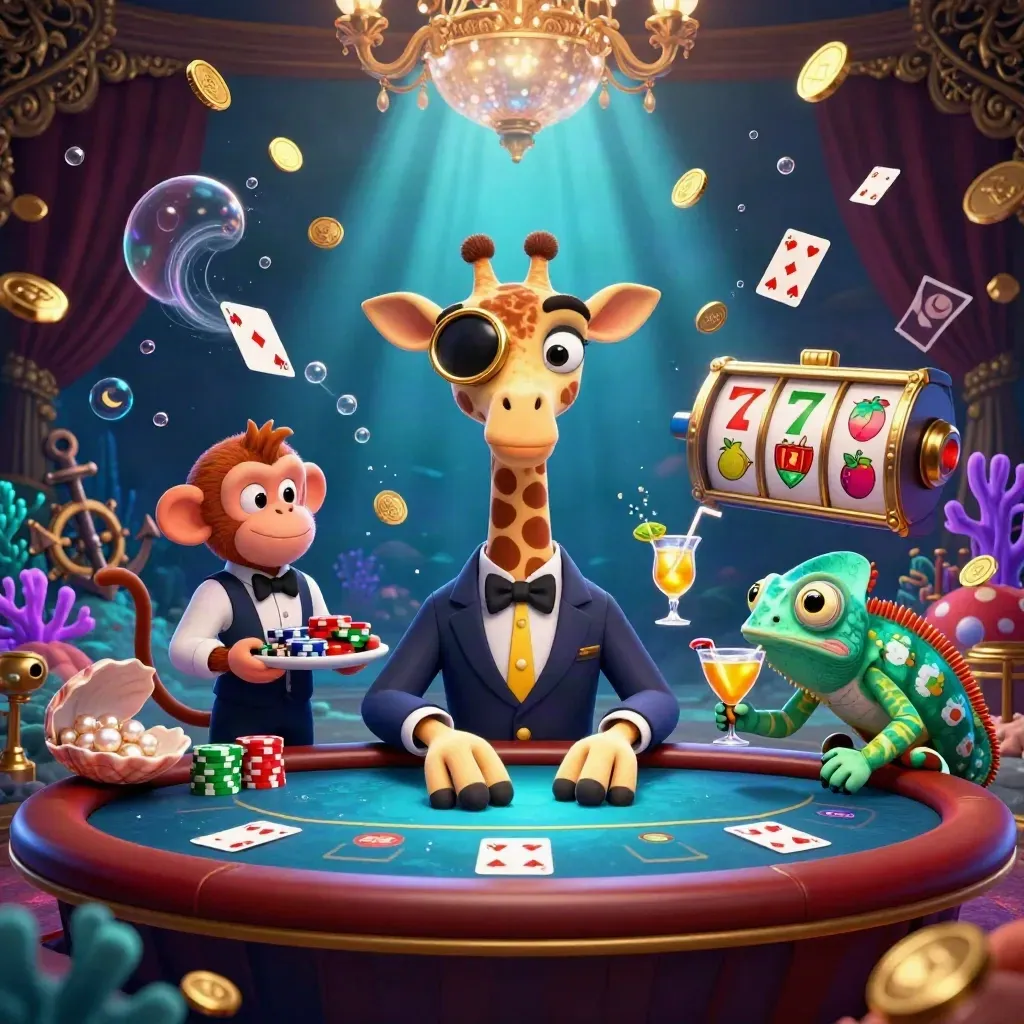 Giraffa elegante, scimmia e camaleonte tra carte, monete e coralli in un casinò sommerso