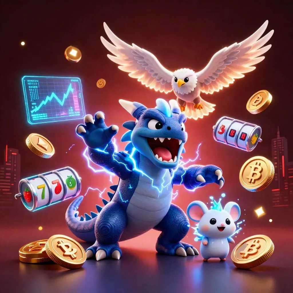 Drago, falco e topo elettrici tra monete crypto e luci neon su sfondo scuro.