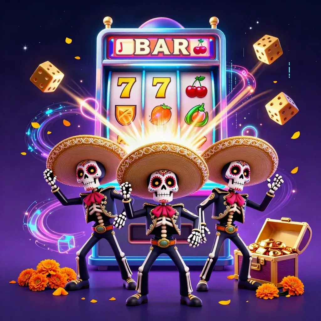 Trio di scheletri mariachi tra jackpot, slot machine, dadi d’oro e bagliori neon.