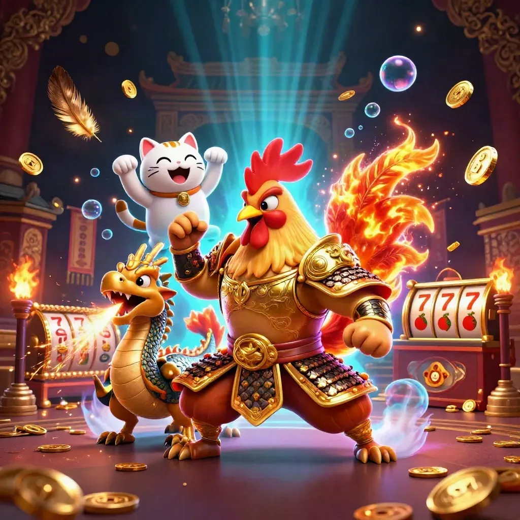 Gallo samurai, drago e gatto fortunato tra monete, simboli slot e bagliori blu.