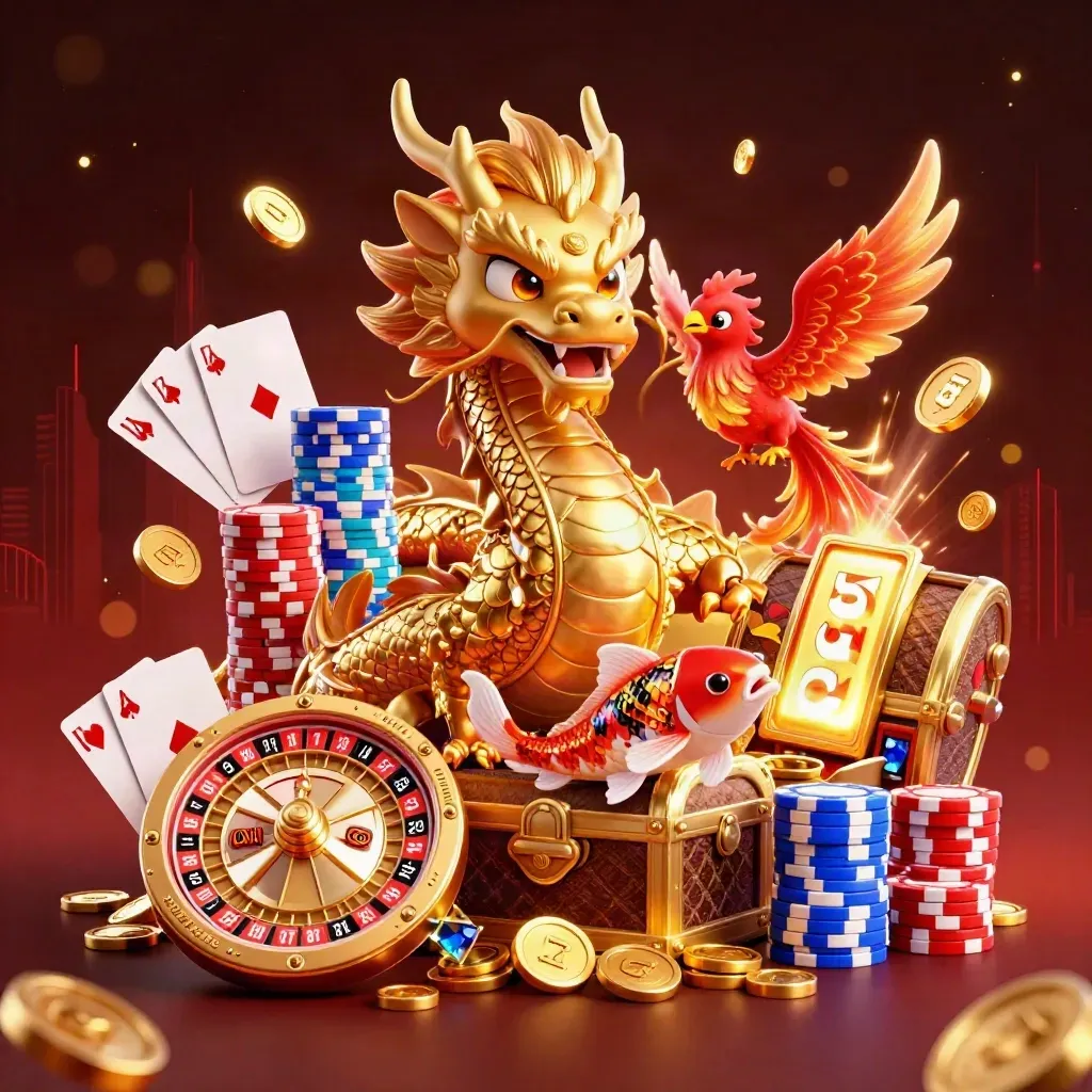 Drago d'oro con fenice e koi tra monete, roulette, carte e chip su sfondo blu scuro.