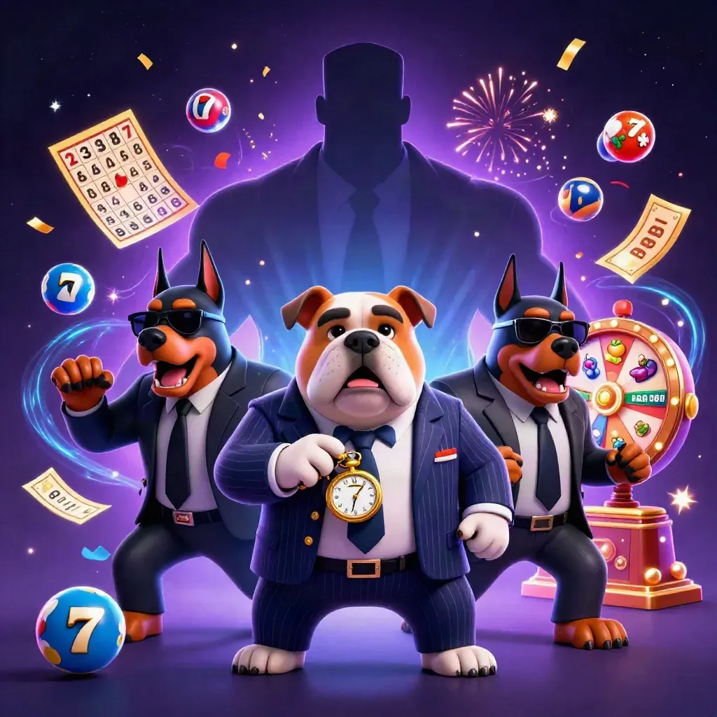 Bulldog boss e due dobermann tra simboli slot, bingo e scintille su sfondo neon viola.