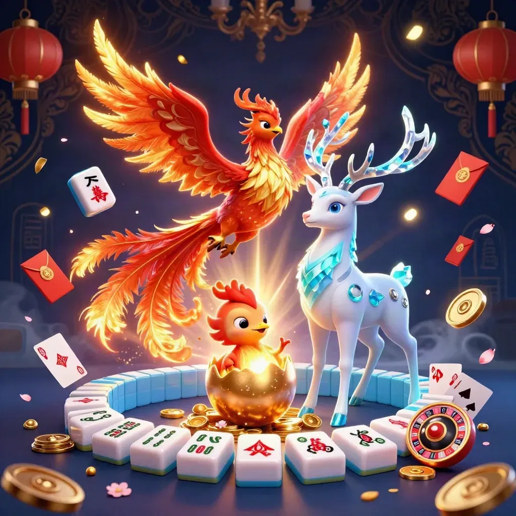 Fenice, cucciolo da uovo d’oro e cervo magico tra simboli casino su sfondo blu notte.