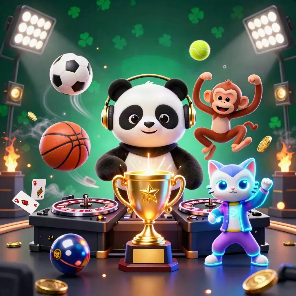 Panda DJ, scimmia e gattino glow-stick tra trofeo d’oro, monete e luci neon verdi.