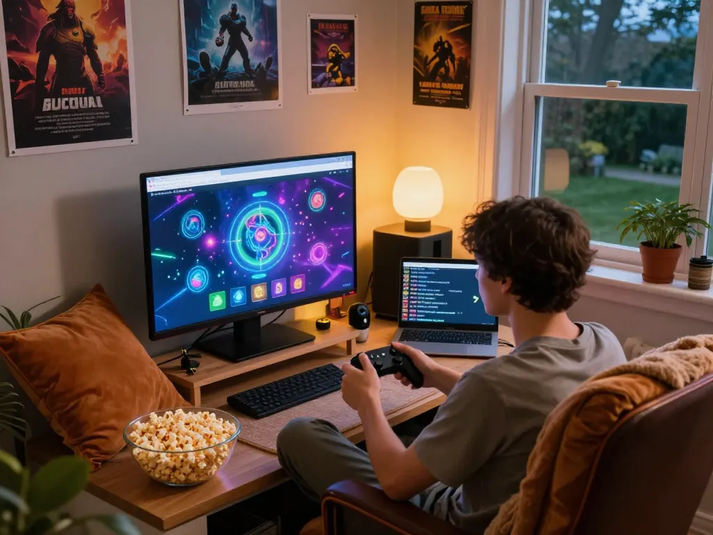 Engaging view of a player enjoying hypno porn-themed mind control games in a cozy gaming nook, complete with snacks and ambient lighting.