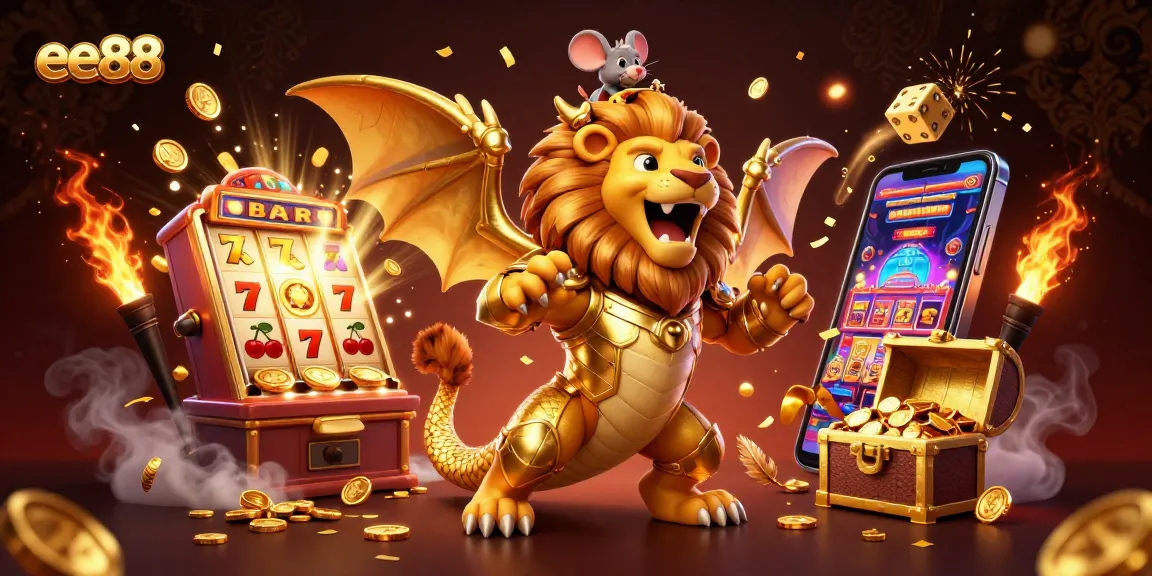 ee88 jackpot featuring a triumphant chimera creature with golden slots and vibrant casino elements