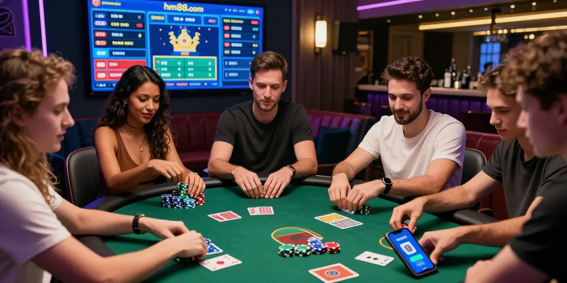 Friends enjoying a lively poker game at home with hm88.com app visible, showcasing dynamic online gambling atmosphere.