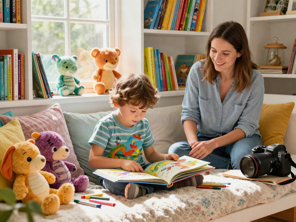 ROKOK88 slot login scene showing a child reading engaging children's book in a cozy nook.
