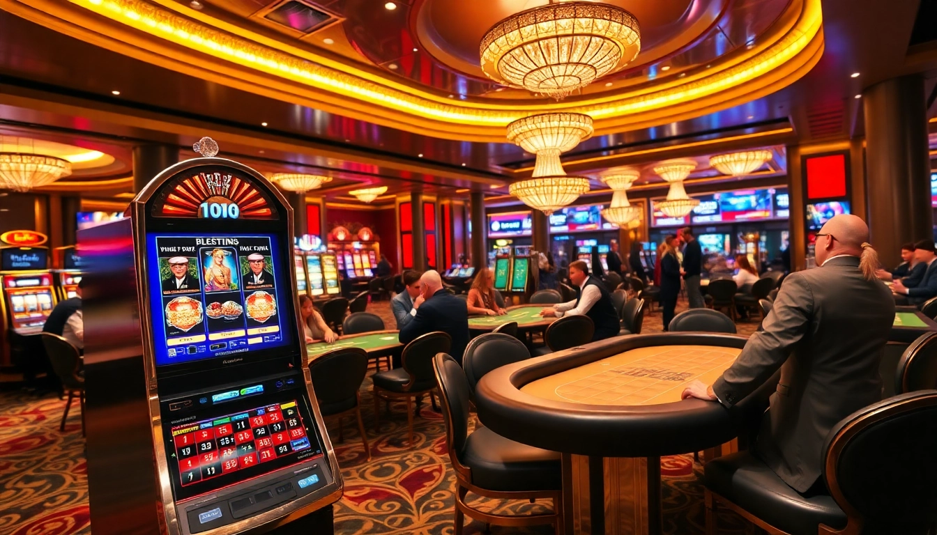 Engaging gamblers at https://tv88.network/ in a luxurious casino atmosphere with elegant tables and vibrant slot machines.