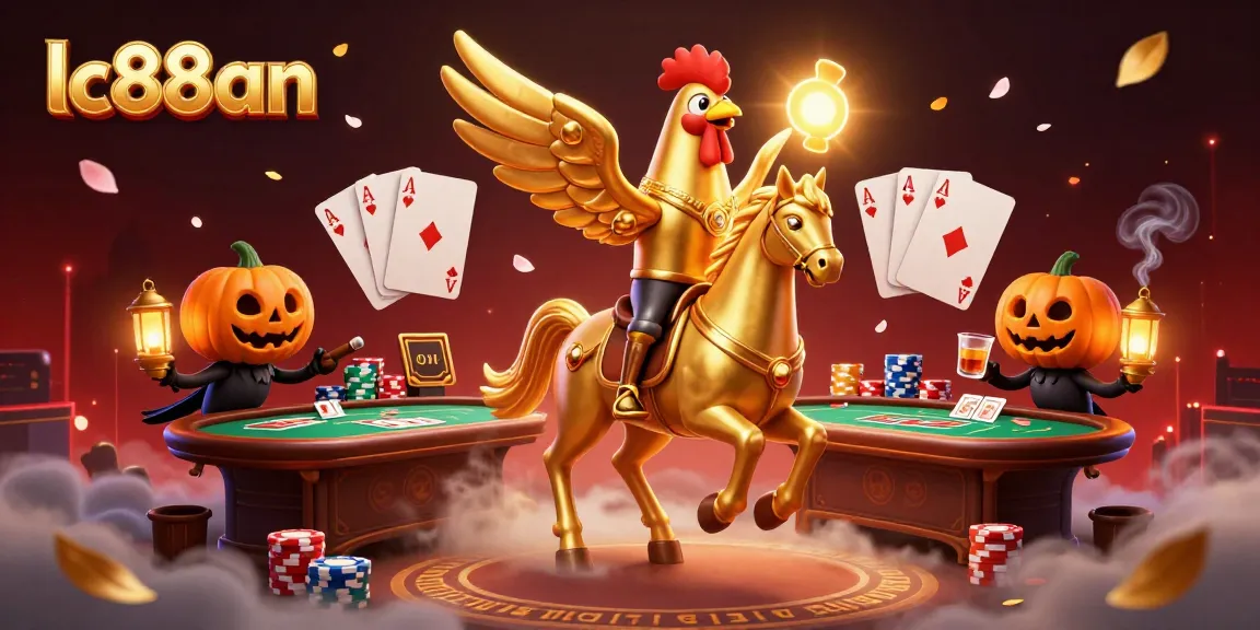 Join the excitement of lc88an's dynamic casino scene with a golden rooster on a spectral horse.