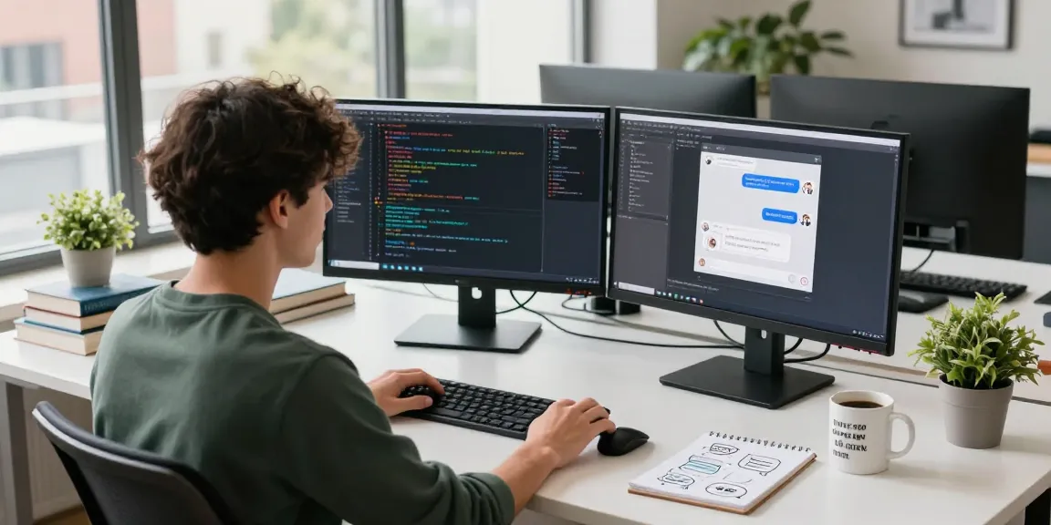 Spicy AI application development in a modern tech workspace, showcasing a developer coding on multiple monitors.