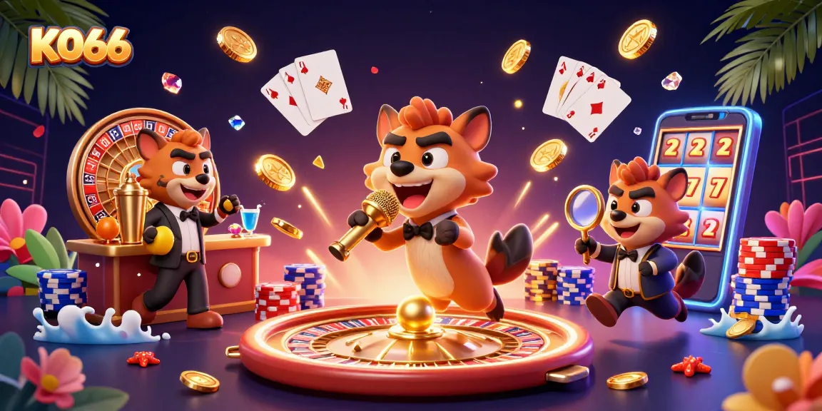 Experience the excitement of KO66 with hyena characters in a vibrant casino scene featuring games and fun.