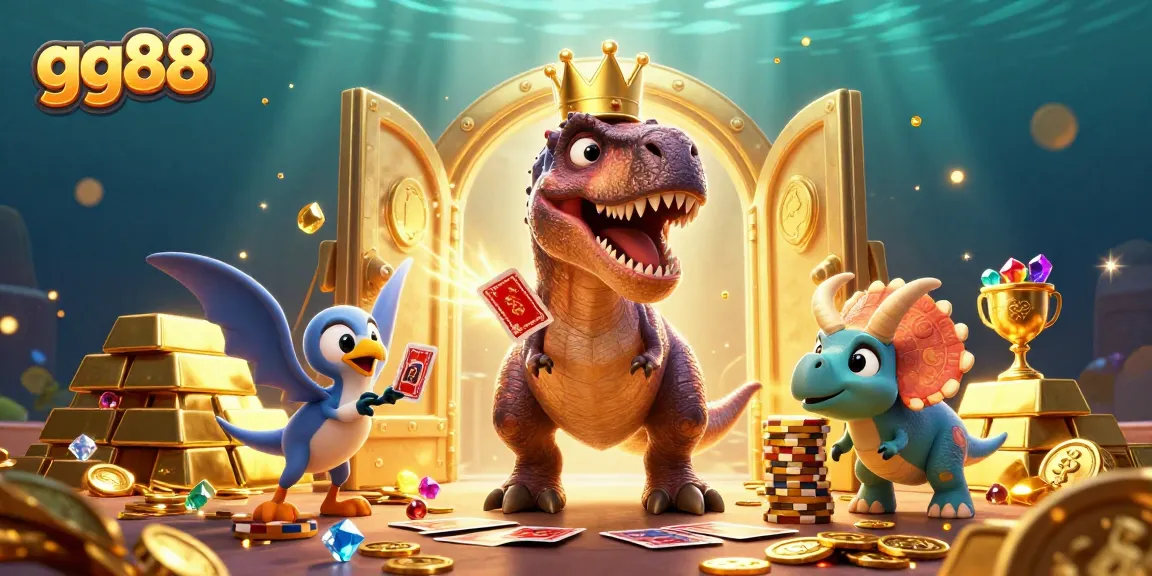 Experience high-energy casino fun with gg88 as cartoon dinosaur characters shuffle cards and stack chips.