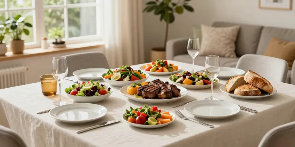 Delicious spread of fresh food at a beautifully set dining table, showcasing rokok88 slot culinary artistry.