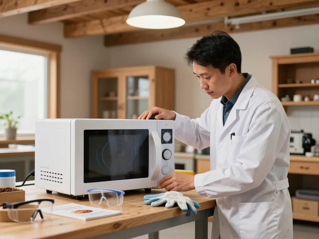 Controllo efficace dei parassiti antitarlo a microonde in un moderno laboratorio con un tecnico che prepara il dispositivo.