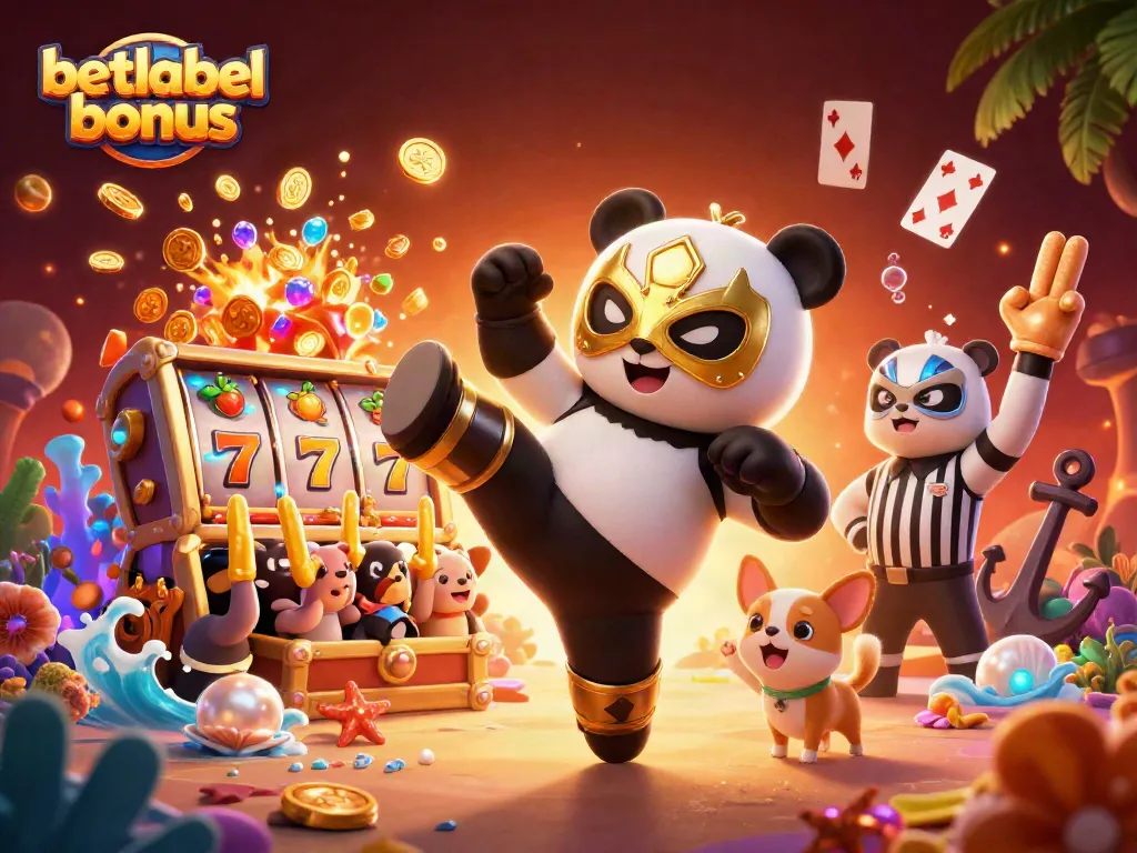 Experience the thrilling betlabel bonus as a panda wrestler showcases a stunning flying kick amid vibrant casino elements.