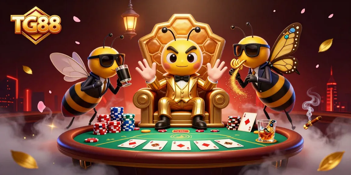 Engage with TG88's vibrant casino world featuring a bumblebee mob boss and energetic poker scene.