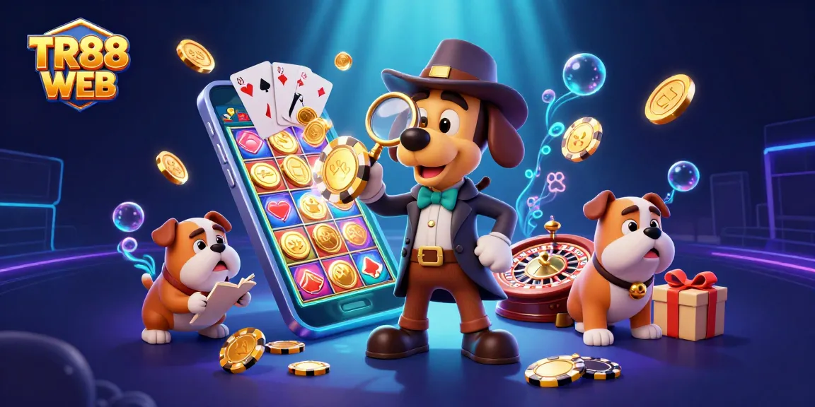 Spin to win big with TR88 WEB's vibrant slot gaming experience illustrated by a clever bloodhound detective.