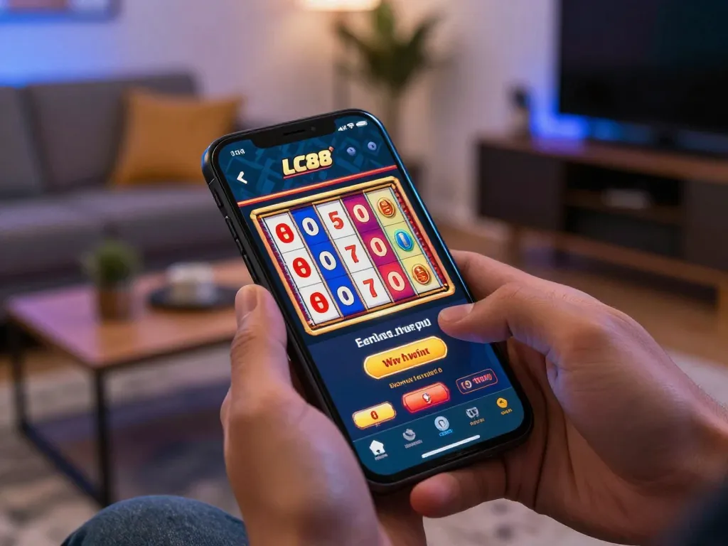 Engaging gameplay on the lc88 mobile casino app, showcasing a colorful slot game win notification in a modern home setting.