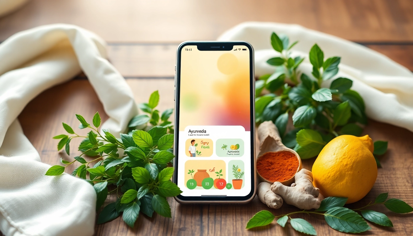 Explore the features of the Ayurveda Mobile App in a serene setting with herbs.