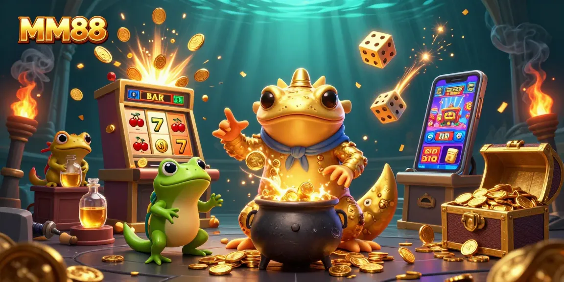 Engage with MM88's thrilling casino experience through gold-themed illustrations and dynamic game elements.