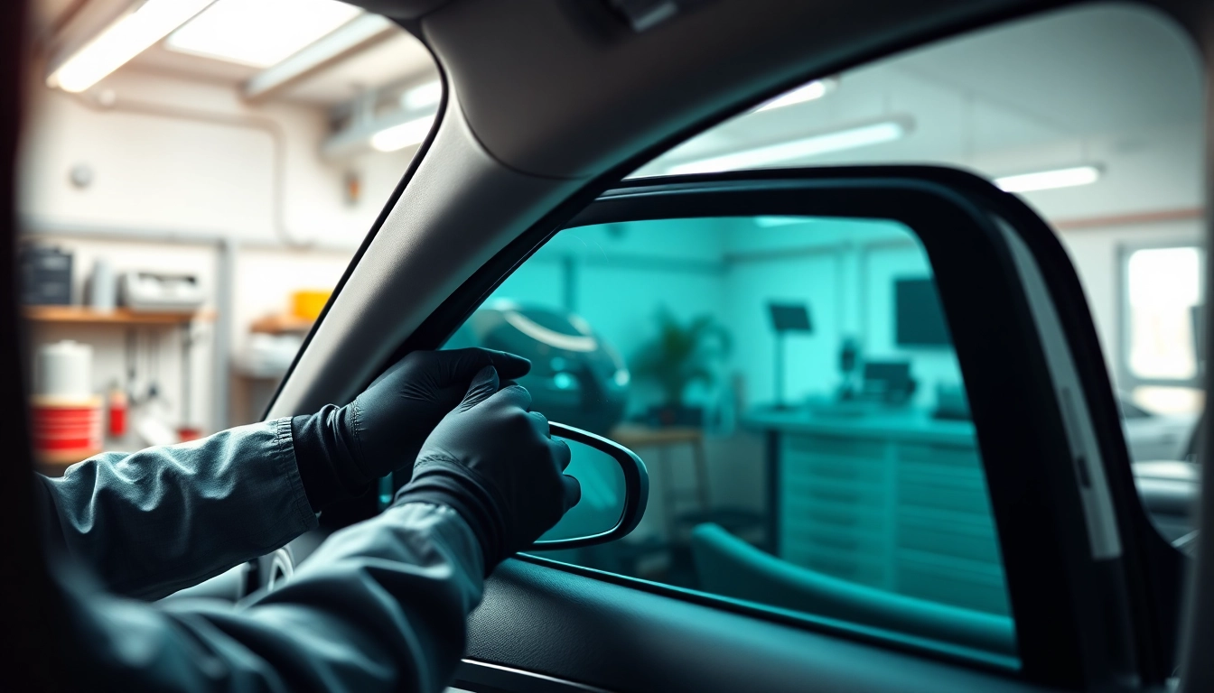 Expert technician applying auto window tint near me on a car, showcasing precision and professionalism.